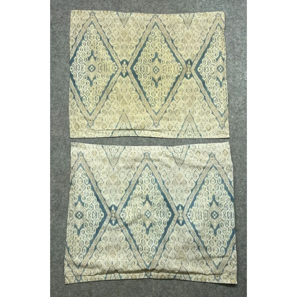 2 West Elm Peyton Ikat Standard Shams Marina Blue Tan Beige Cotton Boho Pillow